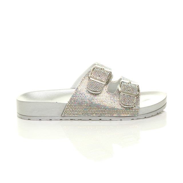 Right side view of Silver PU Flatform Double Buckle Diamante Footbed Sandals Flip Flops Sliders