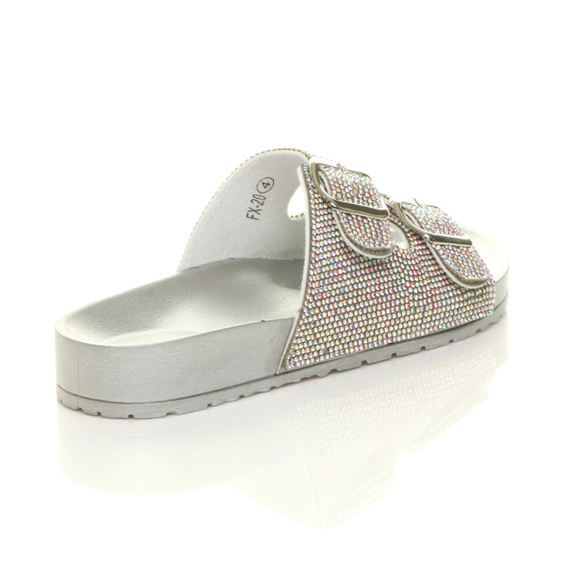 Back right side view of Silver PU Flatform Double Buckle Diamante Footbed Sandals Flip Flops Sliders