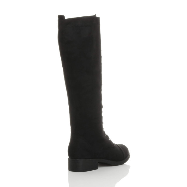 Back right side view of Black Suede Low Heel Military Calf Knee Boots
