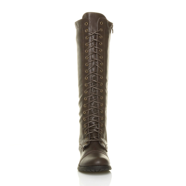 Front view of Brown PU Low Heel Military Calf Knee Boots