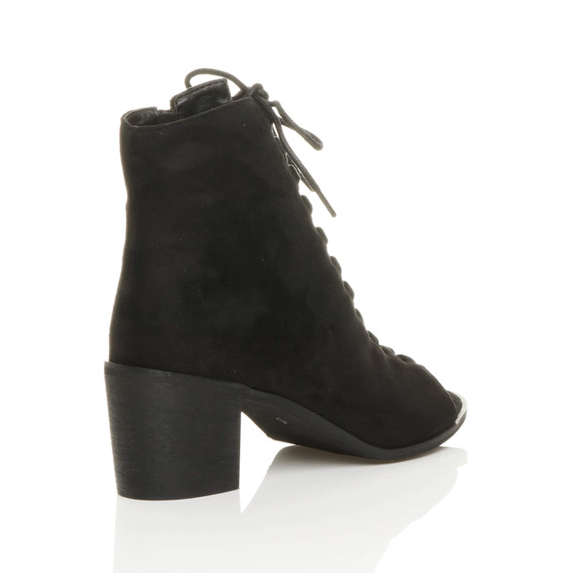 Back right side view of Black Suede Mid Block Heel Ghillie Peep Toe Ankle Boots