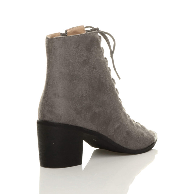 Back right side view of Grey Suede Mid Block Heel Ghillie Peep Toe Ankle Boots