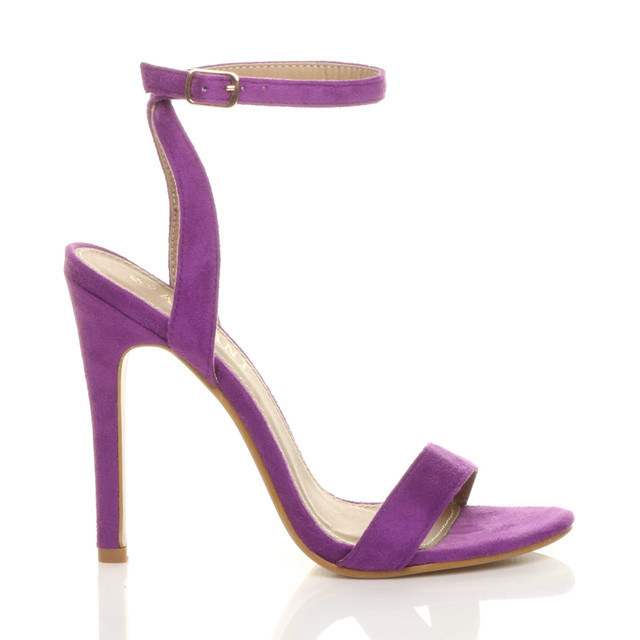 Right side view of Purple Suede High Heel Barely There Strappy Sandals