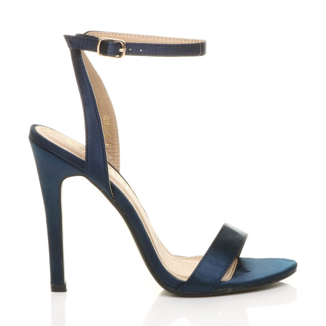 Right side view of Navy Satin High Heel Barely There Strappy Sandals
