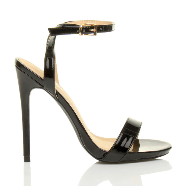 Right side view of Black Patent High Heel Barely There Strappy Sandals