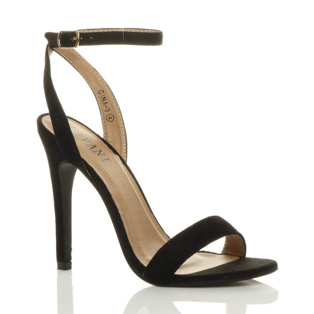 Front right side view of Black Suede High Heel Barely There Strappy Sandals