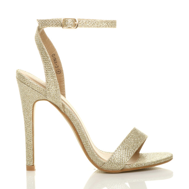 Right side view of Gold Glitter High Heel Barely There Strappy Sandals