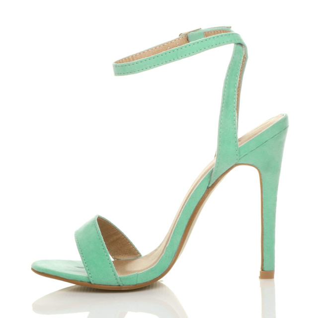 Left side view of Mint Suede High Heel Barely There Strappy Sandals