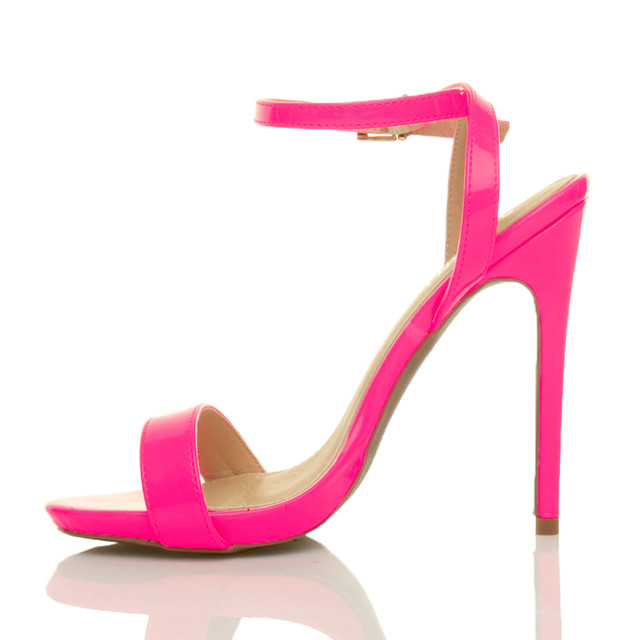 Left side view of Neon Fuchsia Patent High Heel Barely There Strappy Sandals