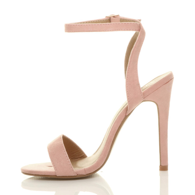 Left side view of Baby Pink Suede High Heel Barely There Strappy Sandals