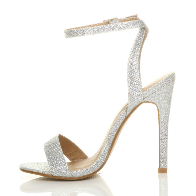 Left side view of Silver Glitter High Heel Barely There Strappy Sandals
