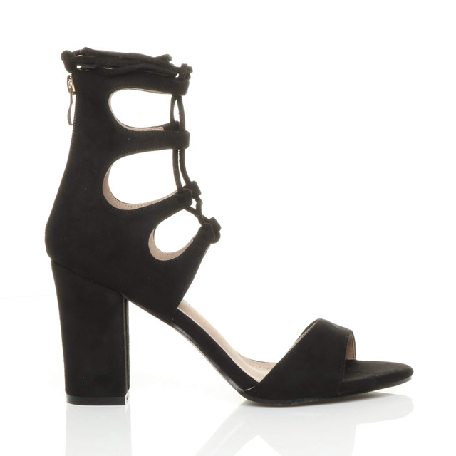 Right side view of Black Suede High Heel Ghillie Peep Toe Shoes