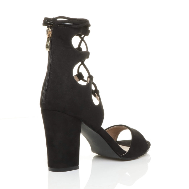 Back right side view of Black Suede High Heel Ghillie Peep Toe Shoes