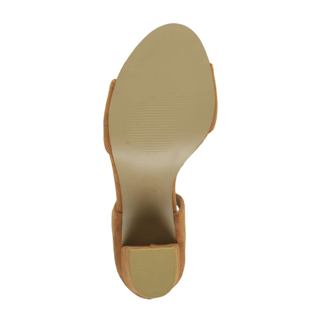 Bottom view of the sole of Tan Suede High Heel Ghillie Peep Toe Shoes