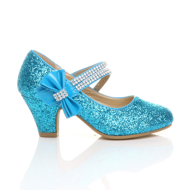 Right side view of Ice Queen Blue Glitter Mid Heel Mary Jane Diamante Bow Court Shoes