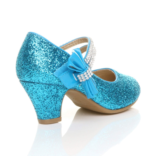 Back right side view of Ice Queen Blue Glitter Mid Heel Mary Jane Diamante Bow Court Shoes