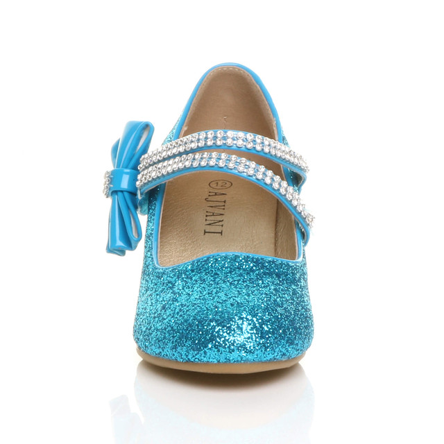 Front view of Ice Queen Blue Glitter Mid Heel Mary Jane Diamante Bow Court Shoes