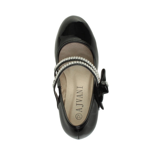 Top view of Black Patent Mid Heel Mary Jane Diamante Bow Court Shoes