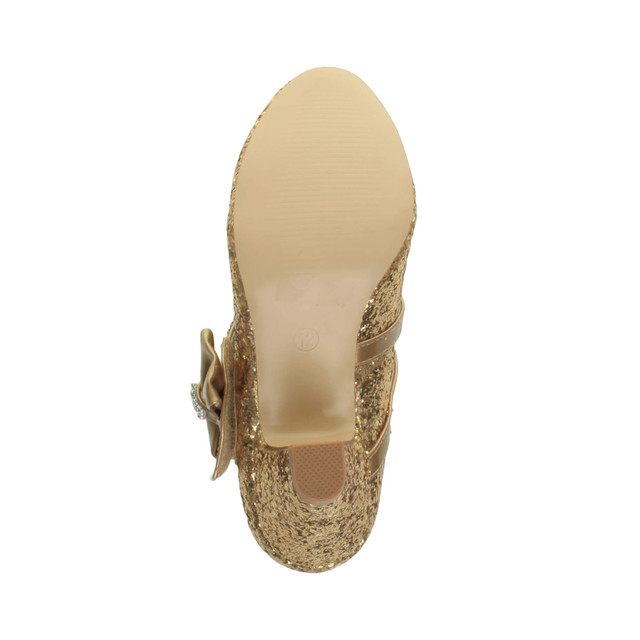 Bottom view of the sole of Gold Glitter Mid Heel Mary Jane Diamante Bow Court Shoes