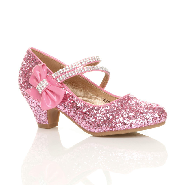 Front right side view of Pink Glitter Mid Heel Mary Jane Diamante Bow Court Shoes