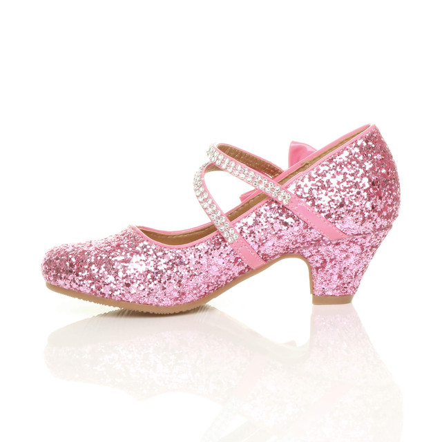 Left side view of Pink Glitter Mid Heel Mary Jane Diamante Bow Court Shoes