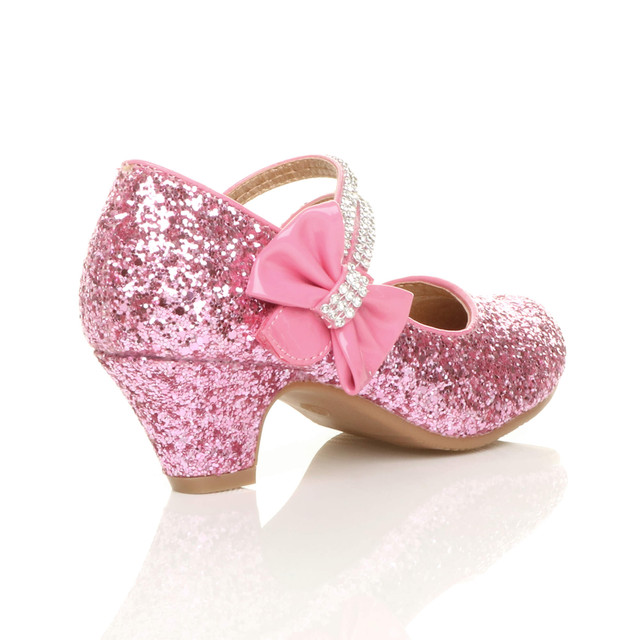 Back right side view of Pink Glitter Mid Heel Mary Jane Diamante Bow Court Shoes
