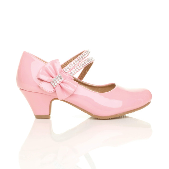 Right side view of Pink Patent Mid Heel Mary Jane Diamante Bow Court Shoes