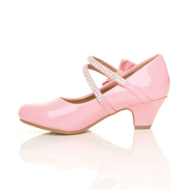 Left side view of Pink Patent Mid Heel Mary Jane Diamante Bow Court Shoes