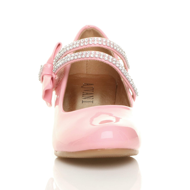 Front view of Pink Patent Mid Heel Mary Jane Diamante Bow Court Shoes