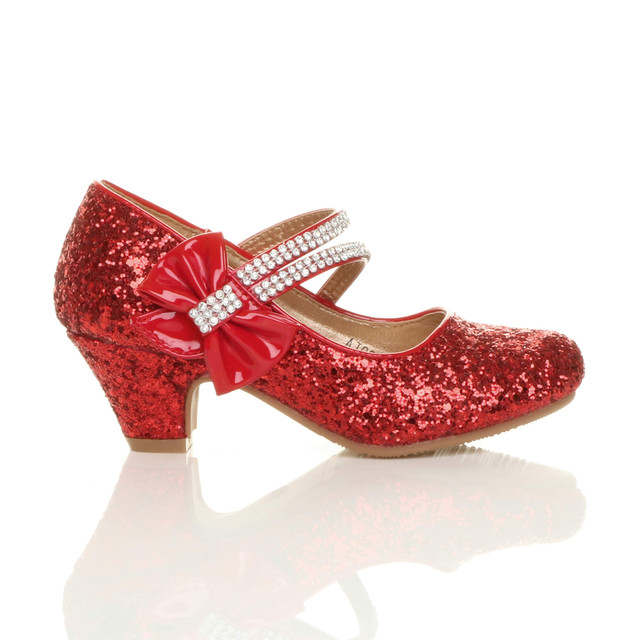 Right side view of Red Glitter Mid Heel Mary Jane Diamante Bow Court Shoes