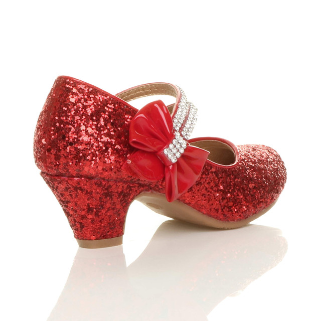 Back right side view of Red Glitter Mid Heel Mary Jane Diamante Bow Court Shoes
