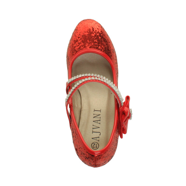 Top view of Red Glitter Mid Heel Mary Jane Diamante Bow Court Shoes