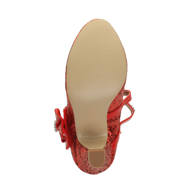 Bottom view of the sole of Red Glitter Mid Heel Mary Jane Diamante Bow Court Shoes
