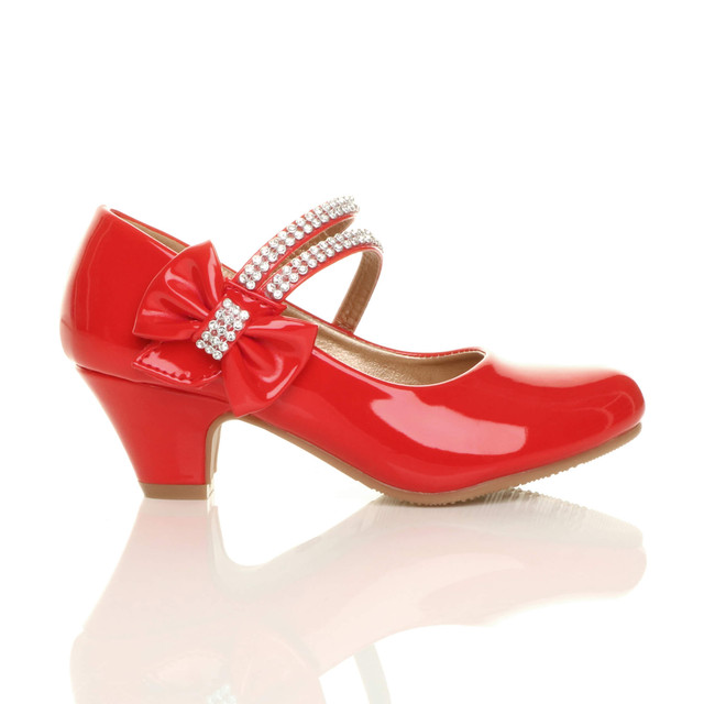 Right side view of Red Patent Mid Heel Mary Jane Diamante Bow Court Shoes