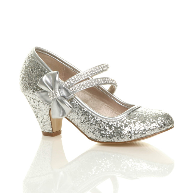 Front right side view of Silver Glitter Mid Heel Mary Jane Diamante Bow Court Shoes