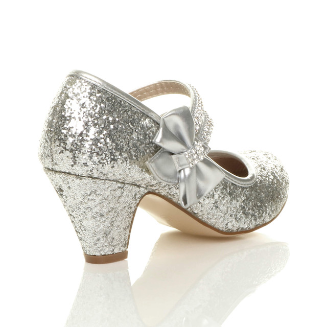 Back right side view of Silver Glitter Mid Heel Mary Jane Diamante Bow Court Shoes