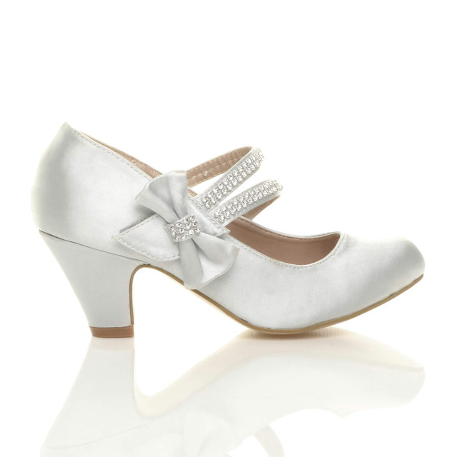Right side view of Silver Satin Mid Heel Mary Jane Diamante Bow Court Shoes