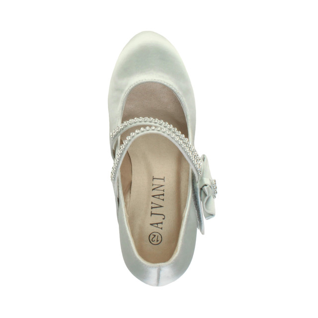 Top view of Silver Satin Mid Heel Mary Jane Diamante Bow Court Shoes
