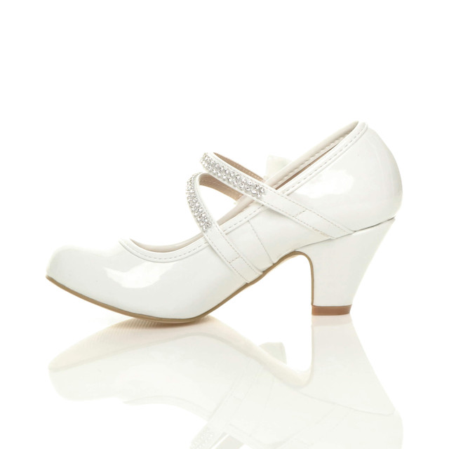 Left side view of White Patent Mid Heel Mary Jane Diamante Bow Court Shoes