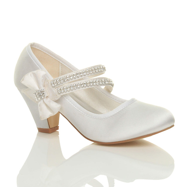 Front right side view of White Satin Mid Heel Mary Jane Diamante Bow Court Shoes