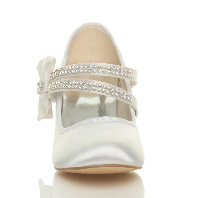 Back right side view of White Satin Mid Heel Mary Jane Diamante Bow Court Shoes