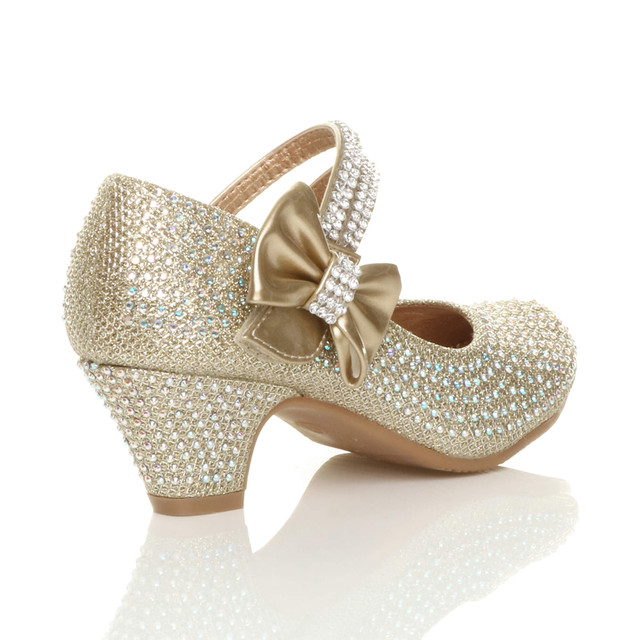 Back right side view of Gold Diamante Glitter Mid Heel Mary Jane Diamante Bow Court Shoes