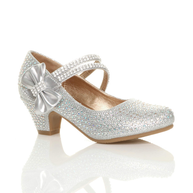 Front right side view of Silver Diamante Glitter Mid Heel Mary Jane Diamante Bow Court Shoes