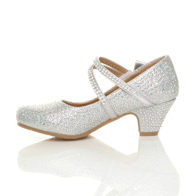 Left side view of Silver Diamante Glitter Mid Heel Mary Jane Diamante Bow Court Shoes