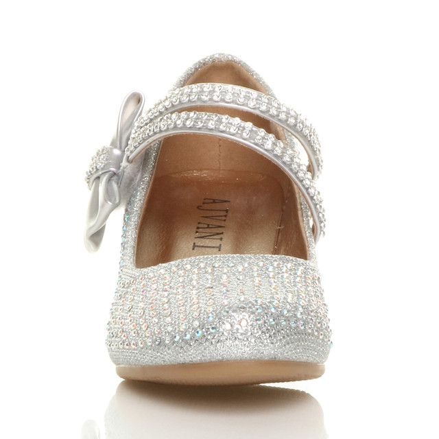 Front view of Silver Diamante Glitter Mid Heel Mary Jane Diamante Bow Court Shoes