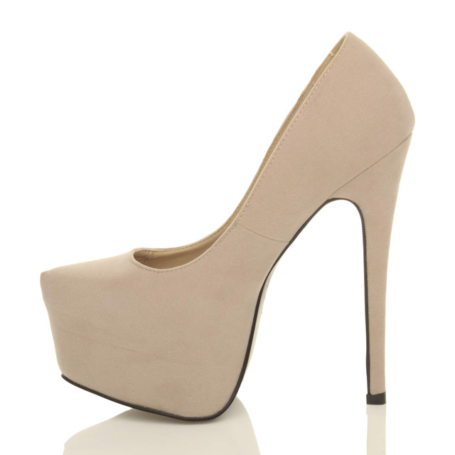 Left side view of Nude Stone Suede High Heel Pointed Platform Court Shoes