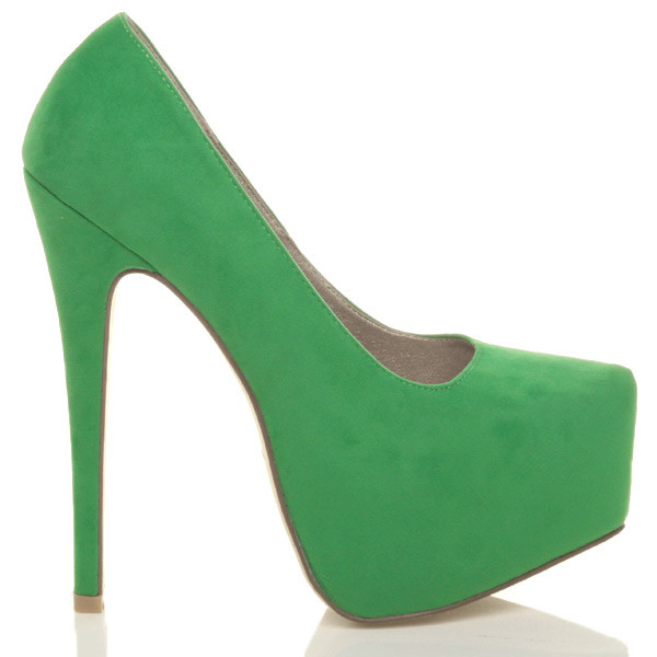 Right side view of Green Turquoise Suede High Heel Pointed Platform Court Shoes