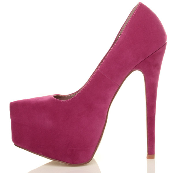 Left side view of Fuchsia Pink Suede High Heel Pointed Platform Court Shoes