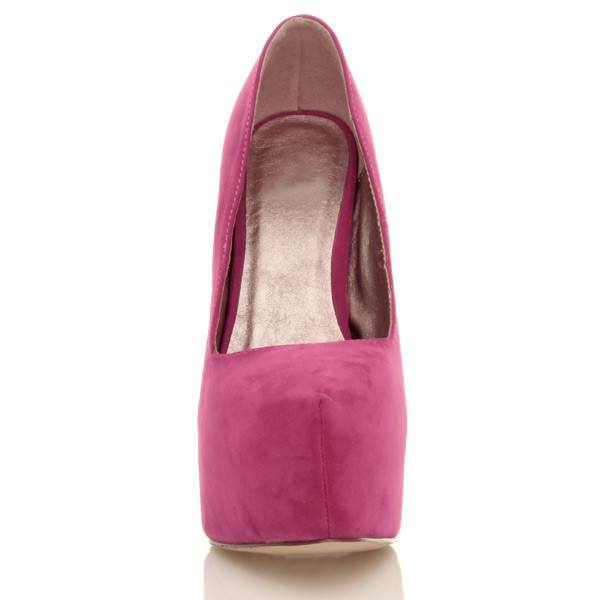 Front view of Fuchsia Pink Suede High Heel Pointed Platform Court Shoes