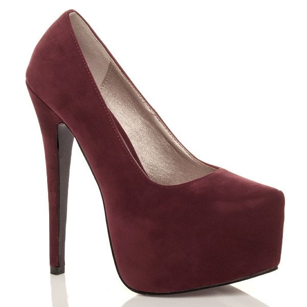 Front right side view of Cherry Suede High Heel Pointed Platform Court Shoes